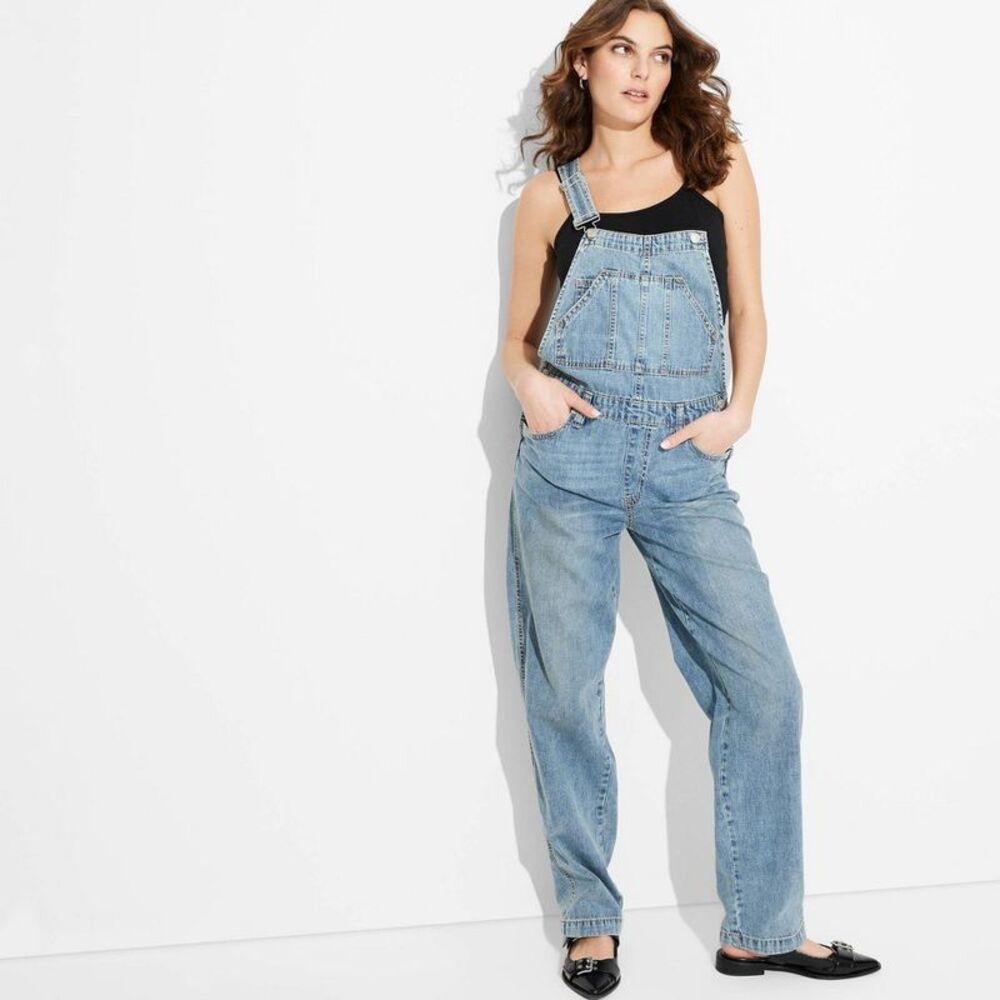 Women's Relaxed Baggy Overalls - Wild Fable Medium Wash L: Denim Jumpsuit